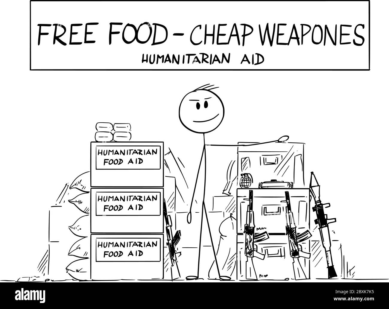 Vector cartoon stick figure drawing conceptual illustration of local farmer selling humanitarian aid food, and weapons on local market in developing country in Africa or Asia. Stock Vector