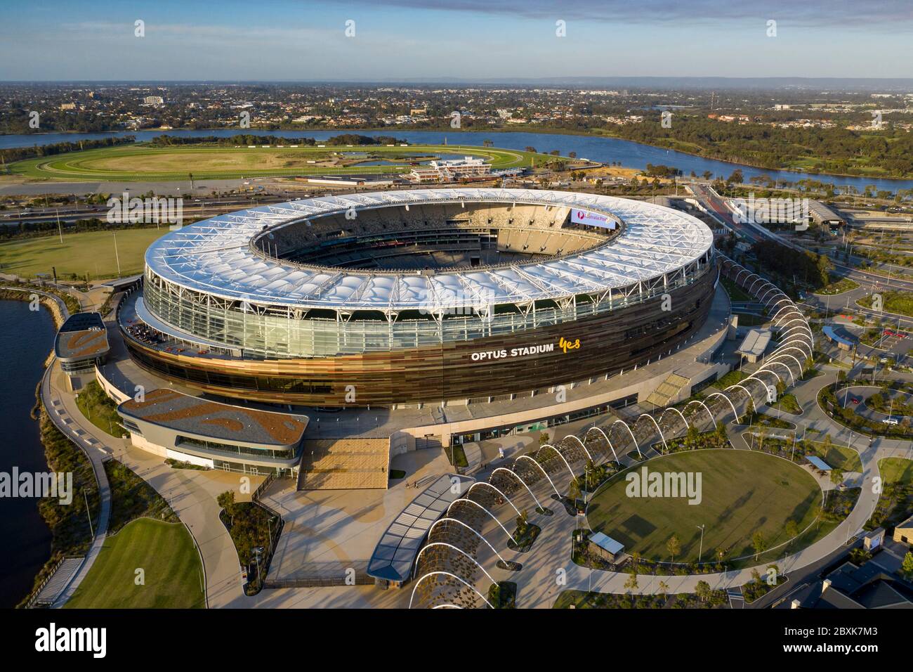 Perth Australia November 5th 2019: Aerial view of the Optus stadium at dawn in Perth, Western Australia Stock Photo