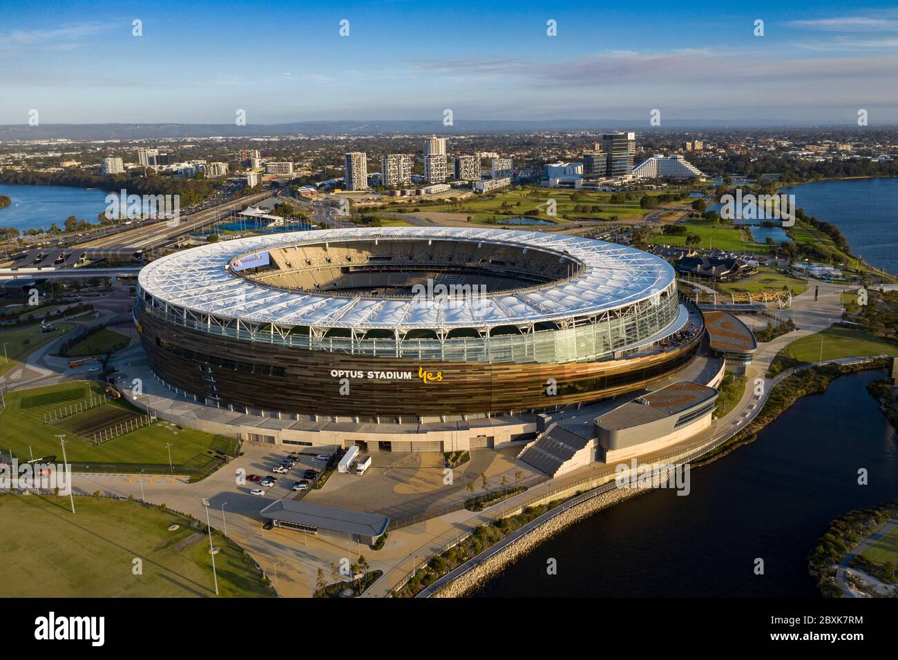 Perth Australia November 5th 2019: Aerial view of the Optus stadium at dawn in Perth, Western Australia Stock Photo