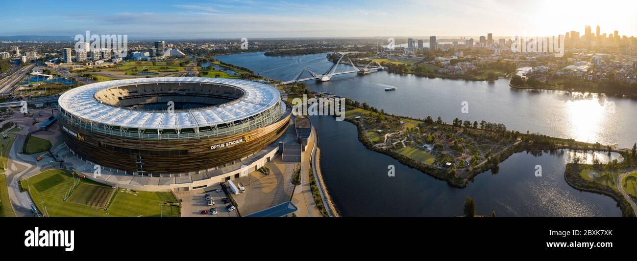 Perth Australia November 5th 2019: Panoramic aerial view of the Optus stadium and Matagarup bridge with the city of Perth, Western Australia in the ba Stock Photo
