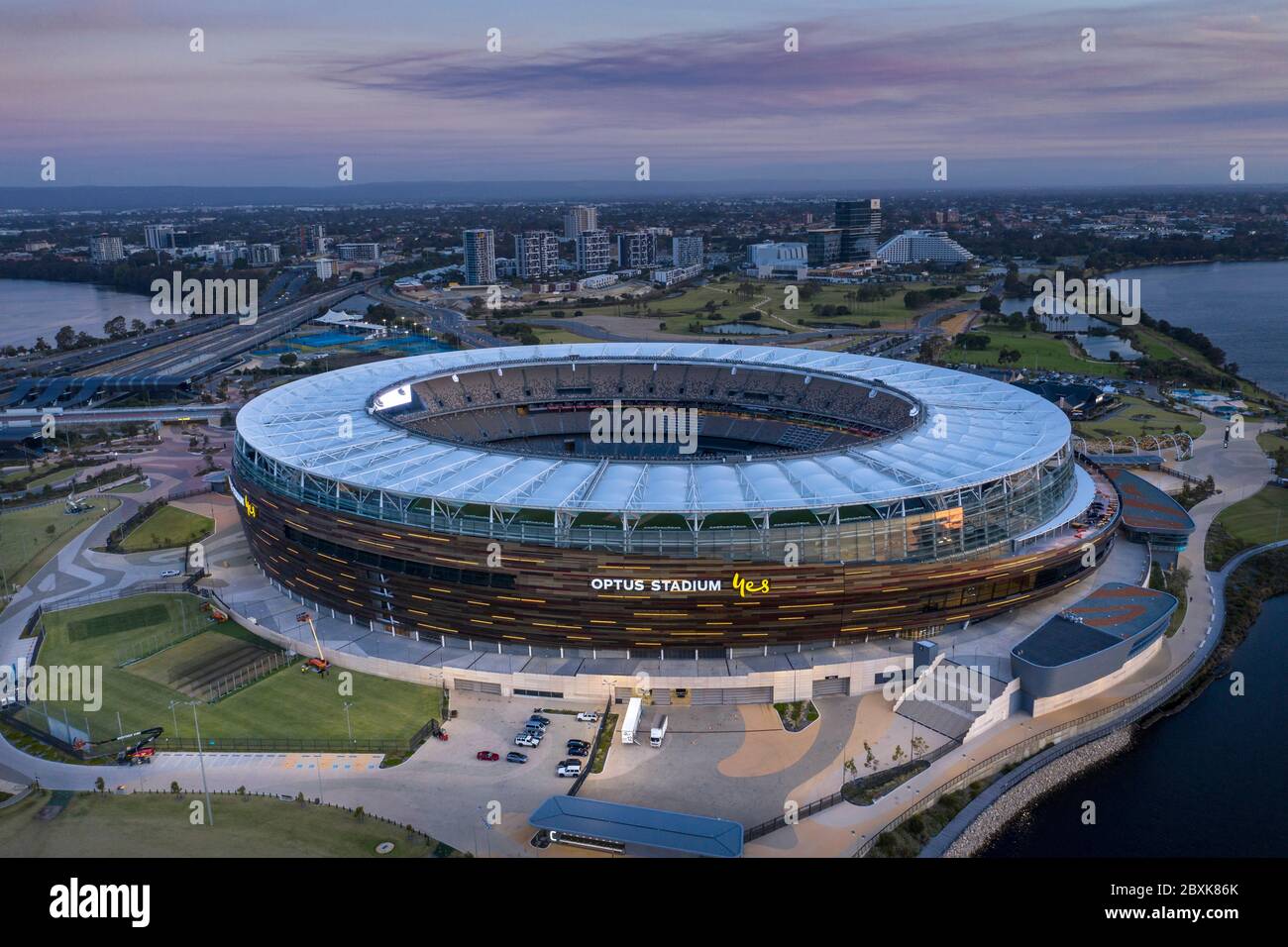 Perth Australia November 5th 2019: Aerial view of the Optus stadium illuminated at dusk in Perth Western Australia Stock Photo