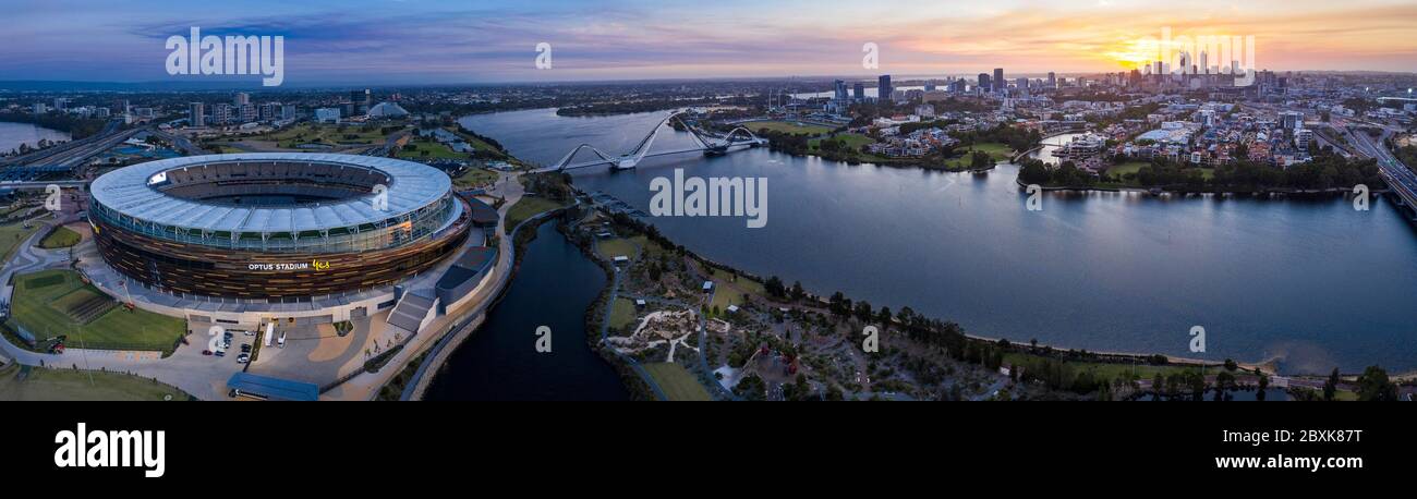 Perth Australia November 5th 2019: Panoramic aerial view of the Optus stadium and Matagarup bridge with the city of Perth in the background. Stock Photo