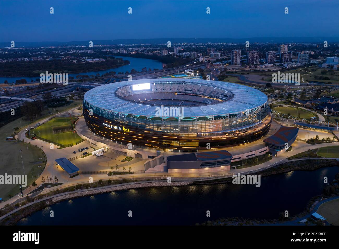 Perth Australia November 5th 2019: Aerial view of the Optus stadium illuminated at dusk in Perth Western Australia Stock Photo