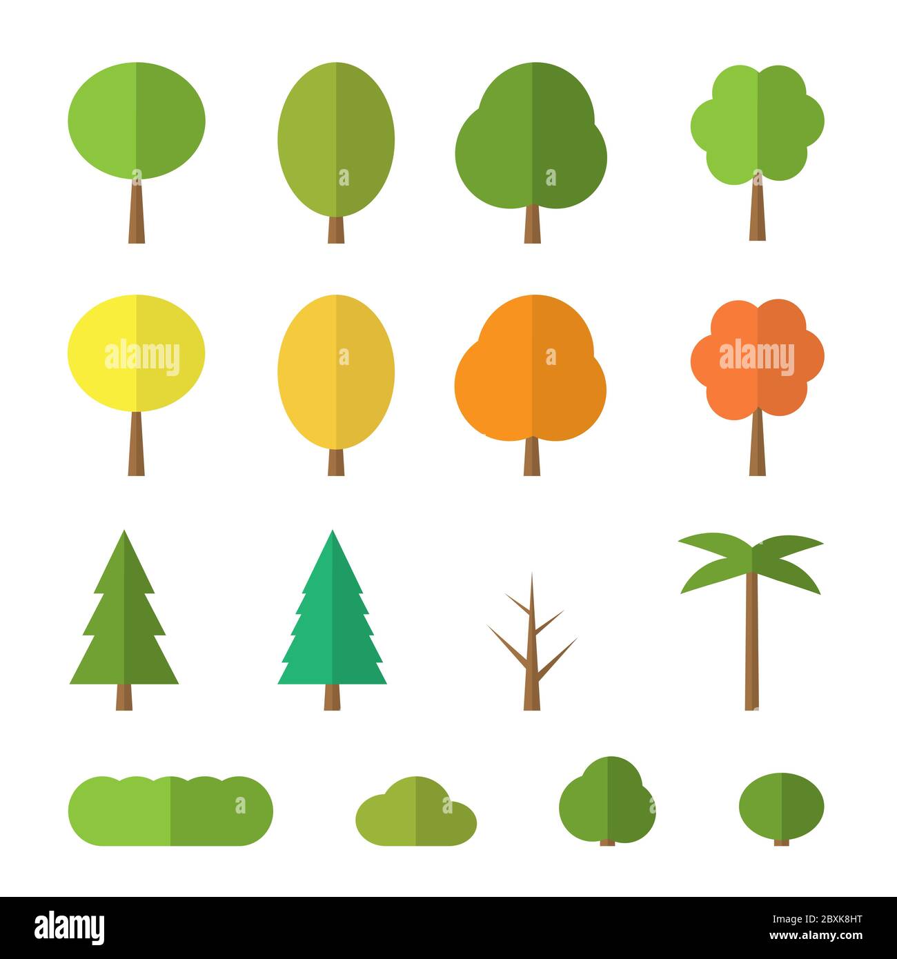 Vector flat trees on white background. Various trees with green, orange ...