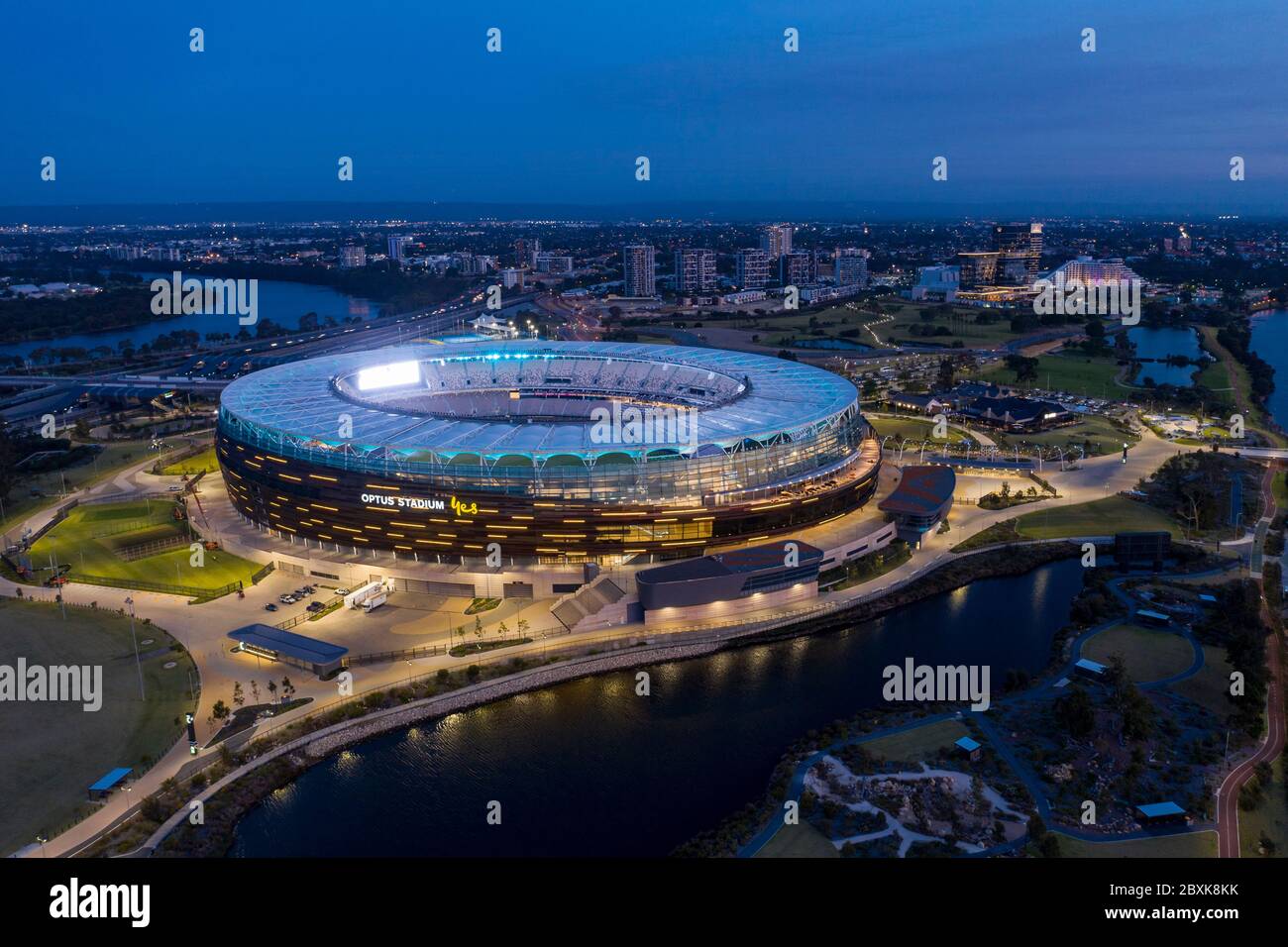 Perth Australia November 5th 2019: Aerial view of the Optus stadium illuminated at dusk in Perth Western Australia Stock Photo