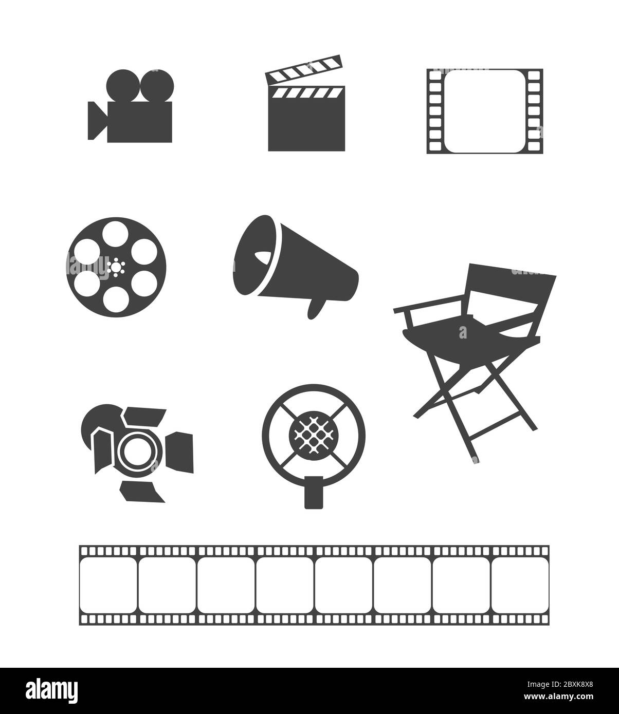 Cinema icon set. Movie making flat vector illustration. Cinematography graphic isolated icon collection. Director's chair, camera, cut, tape, speaker Stock Vector