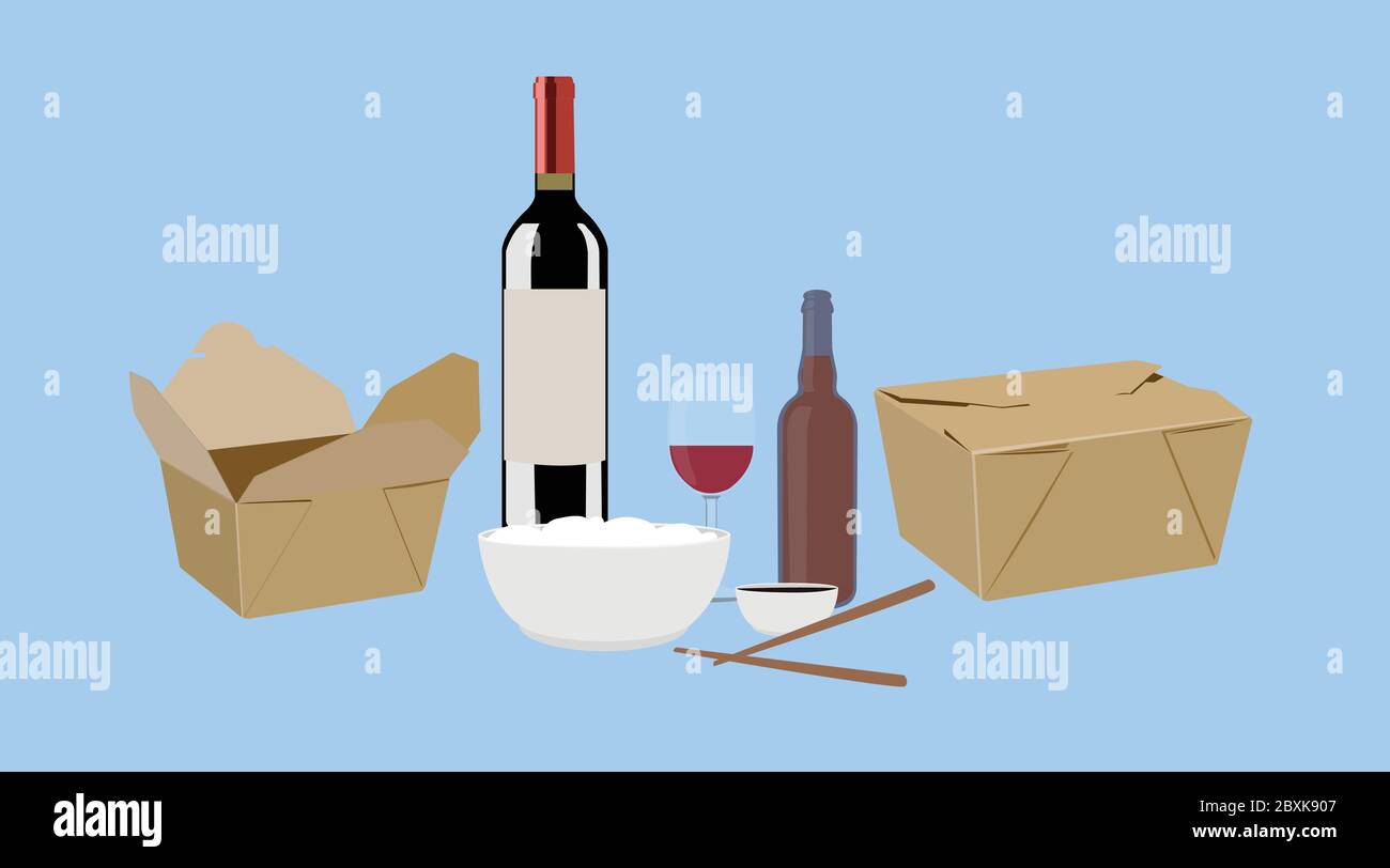 Vector Isolated Illustration of Food Take Away, with Wine and Beer Stock Vector