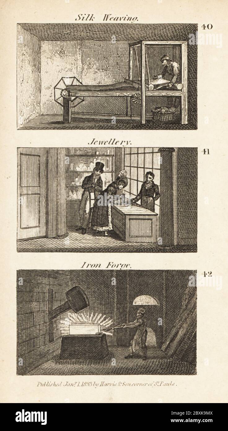 Trades in Regency England: silk weaving, jewellery and iron forge. Man weaving silk cloth on a loom in Coventry 40, customers in a fancy jewellery shop in Birmingham 41, and blacksmith working with a mechanical hammer in a mill-forge in Colebrook Dale 42. Woodcut engraving from Rev. Isaac Taylor’s Scenes of British Wealth, in Produce, Manufacture and Commerce, John Harris, London, 1823. Isaac Taylor was an English writer, artist, engraver and inventor 1787-1865. Stock Photo