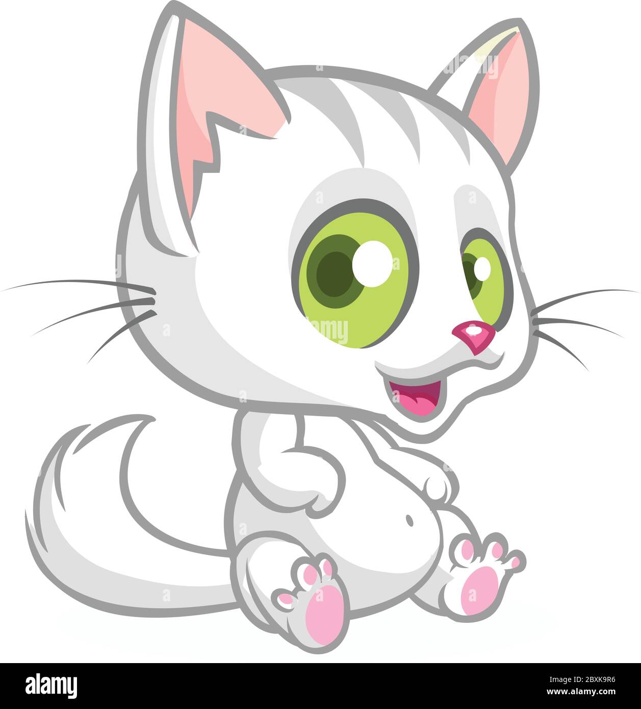 Pretty and cute white cat cartoon with fluffy tail. Vector illustration