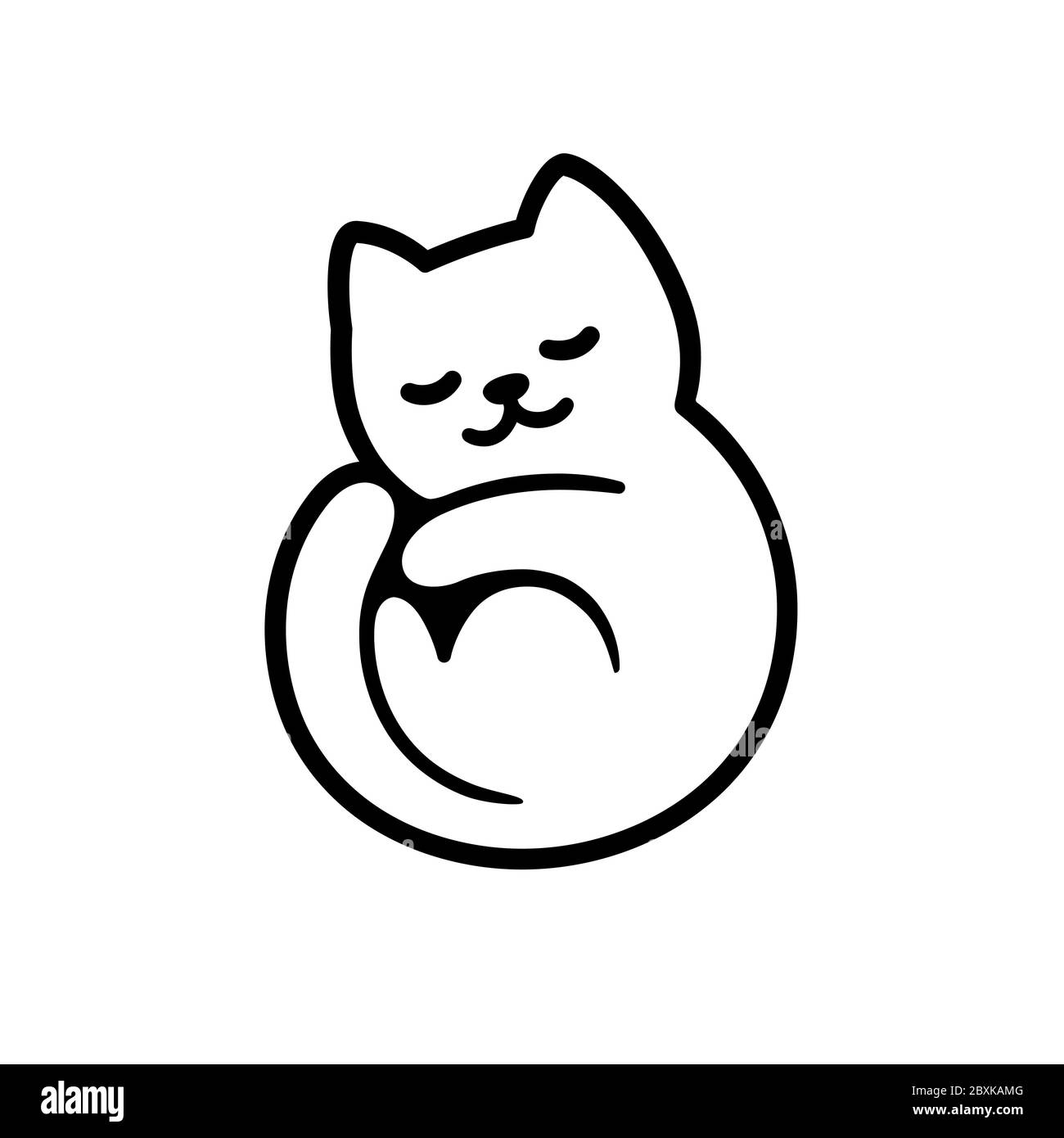 Cute cartoon cat logo, sleeping curled in circle. Adorable kitty symbol. Isolated vector clip art illustration. Stock Vector
