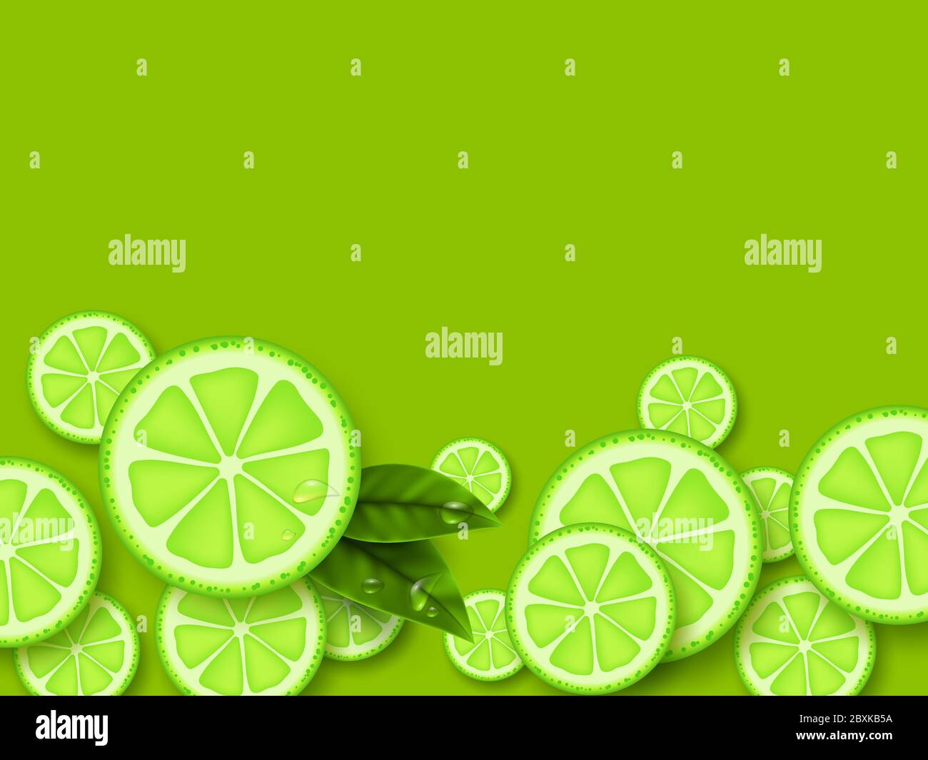 Lime green background. Sliced limes pieces with leaves and water drop ...