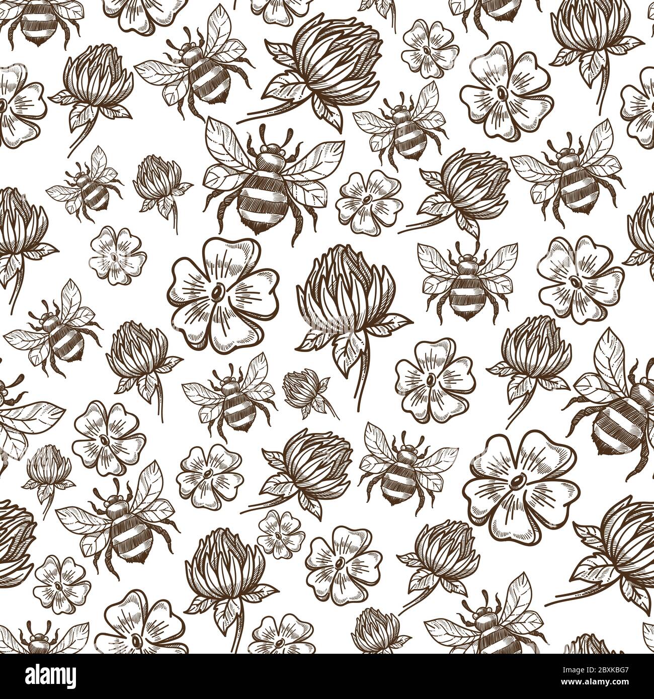 Flying bee and flowers in bloom seamless pattern Stock Vector