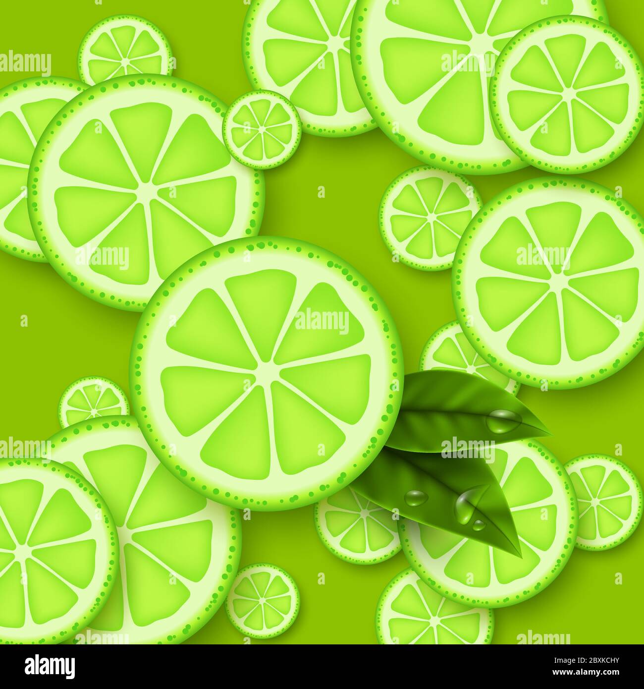 Lime green background. Sliced limes pieces with leaves and water drop ...