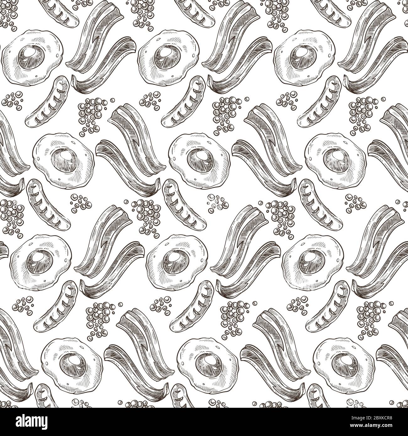 Bacon and egg, grilled sausages meal seamless pattern Stock Vector