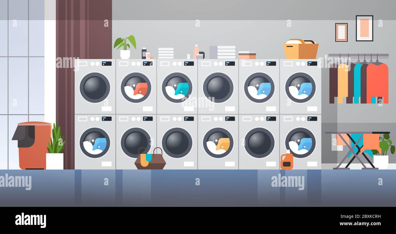 row of dryers industrial washing machines electric washers concept