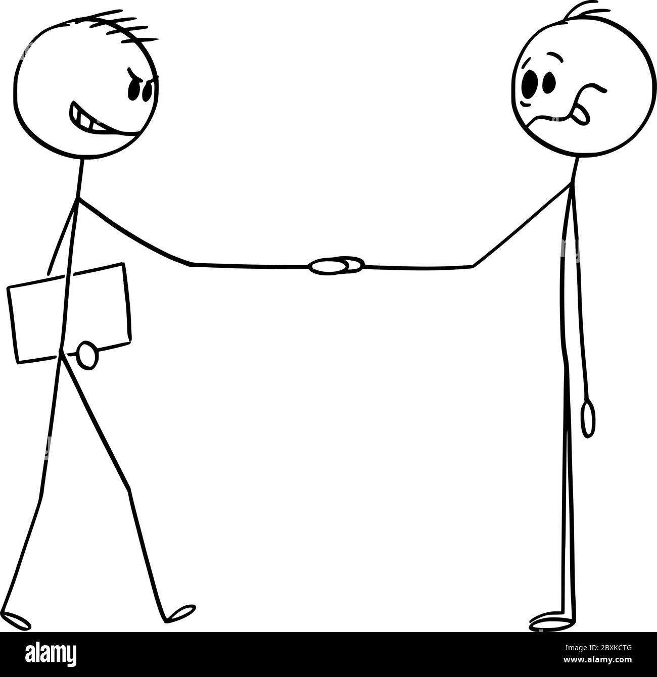 Vector cartoon stick figure drawing conceptual illustration of treacherous businessman,manager, recruiter or salesman shaking hands with stupid or naive man. Stock Vector