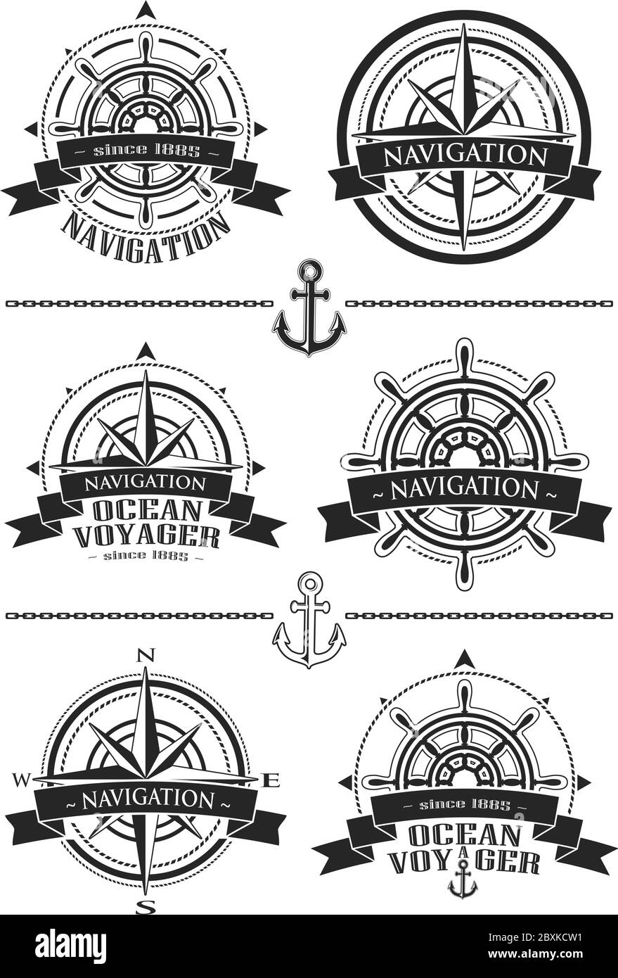 Nautical logos with windrose and steering wheel vector Stock Vector