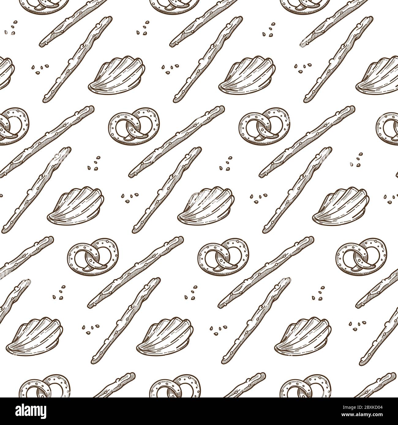 Traditional German baked pretzels, salty sticks seamless pattern Stock Vector