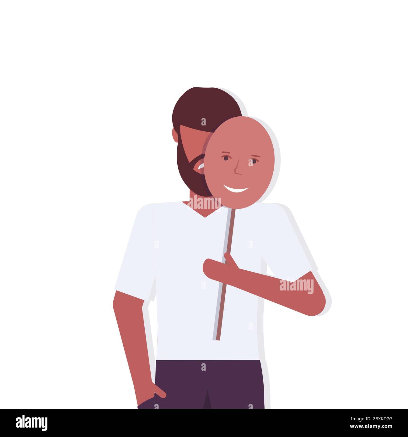 depressed man holding positive mask guy covering face emotions behind mask fake feeling depression mental disorder concept portrait vector illustration Stock Vector