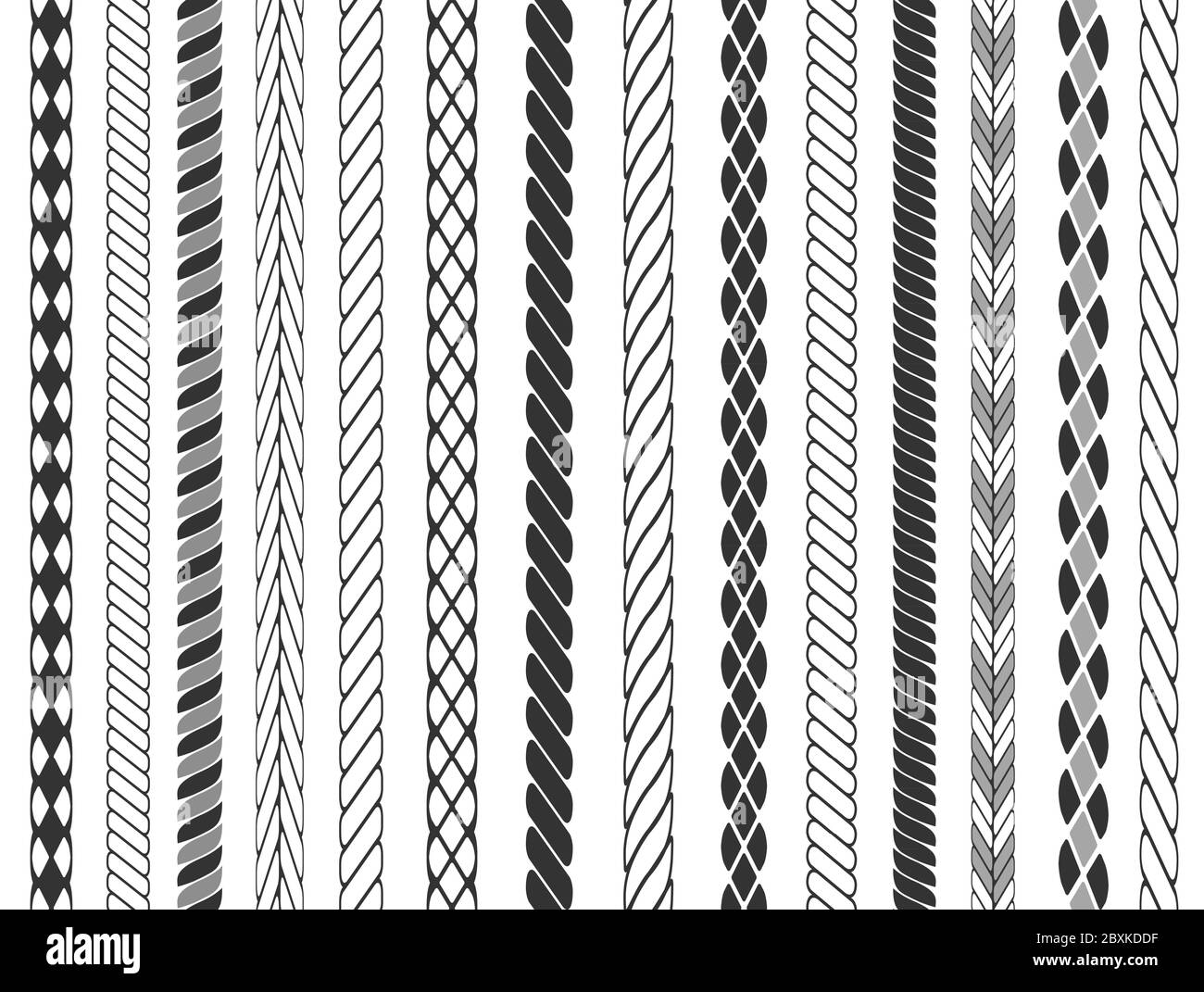 Set of rope brushes. Seamless rope stripes isolated on background. Vector illustration. Stock Vector