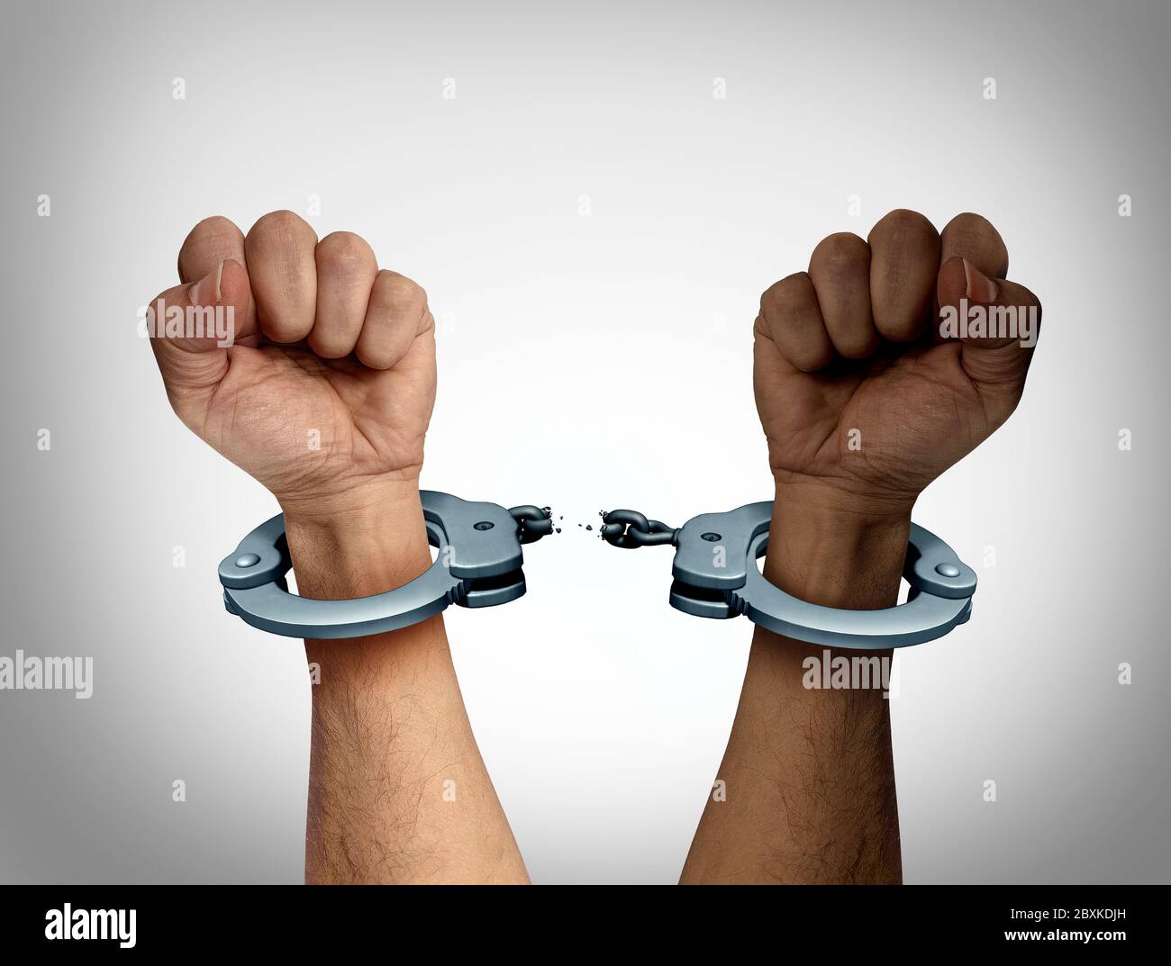 Racial Justice Concept and race equality symbol for antiracist or against racism as a white and black arm in handcuffs broken free as social freedom. Stock Photo