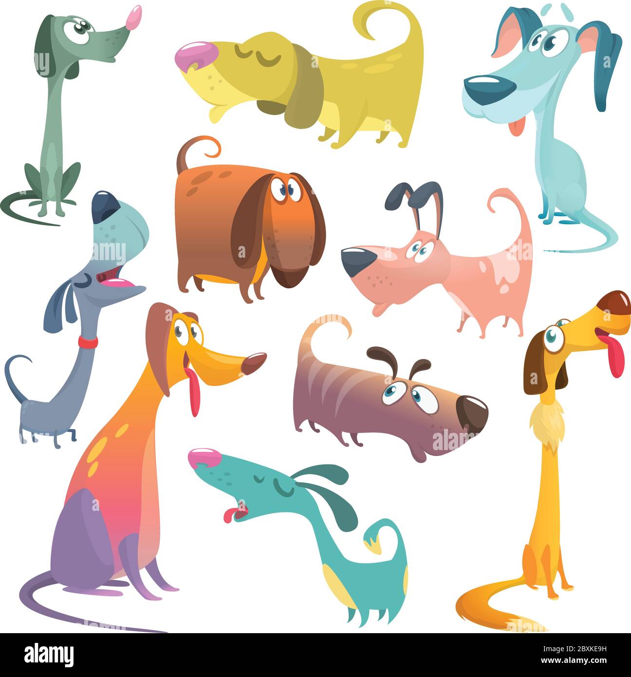 Cartoon dogs set. Vector illustrations of dogs.  Retriever, dachshund, terrier, pitbull, spaniel, bulldog, basset hound, afghan hound, borzoi Stock Vector