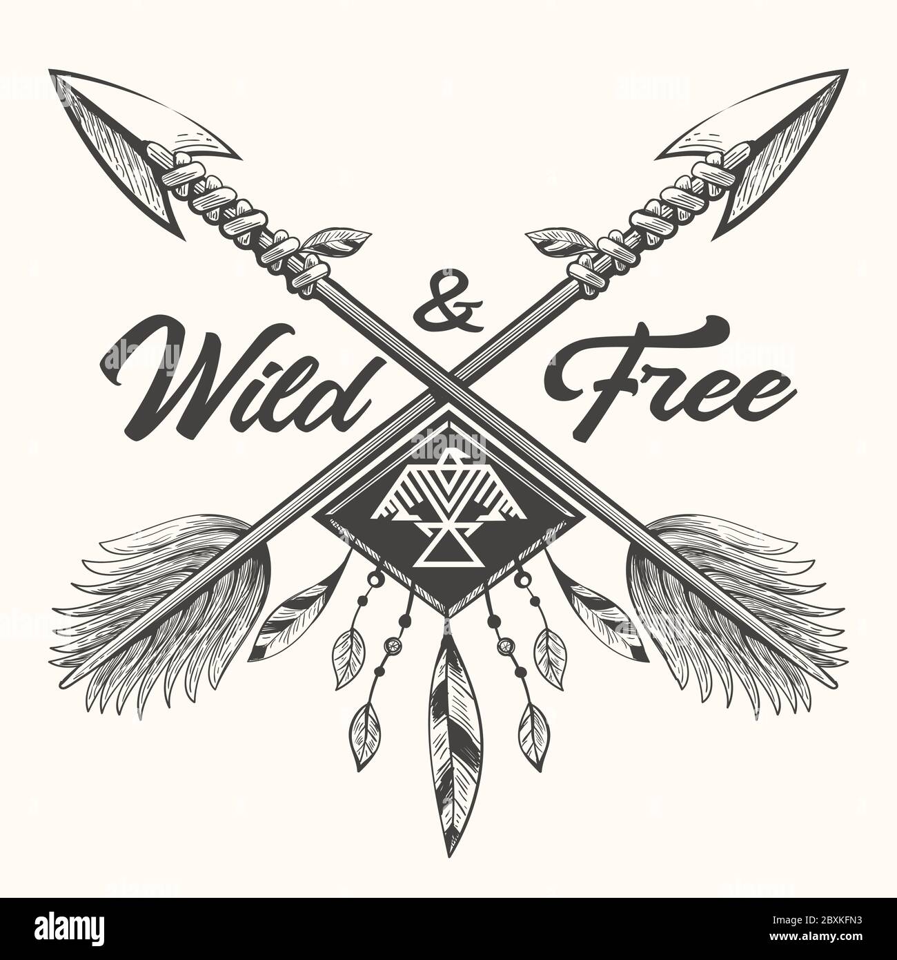 Hand drawn tribal label with crossed arrows, feathers and letteringv Free and Wild. Vector illustration. Stock Vector