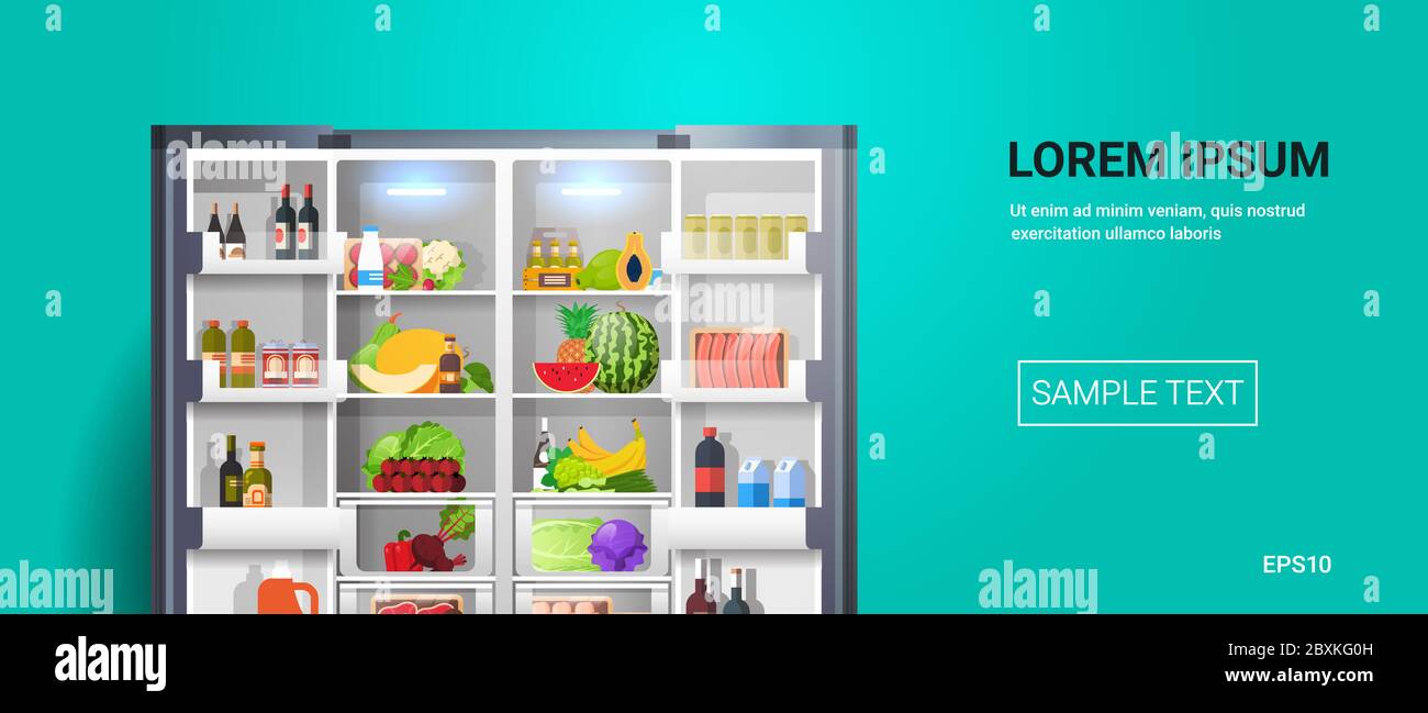 open refrigerator side by side fridge full of fresh food copy space horizontal vector