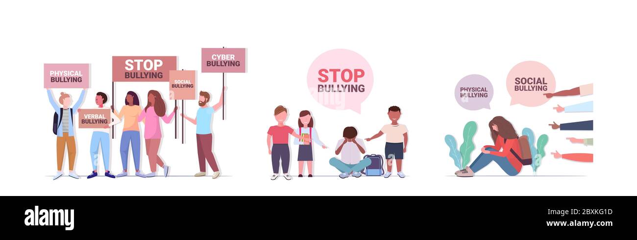 set stop bullying violence social anxiety psychotherapy concept horizontal full length vector illustration Stock Vector