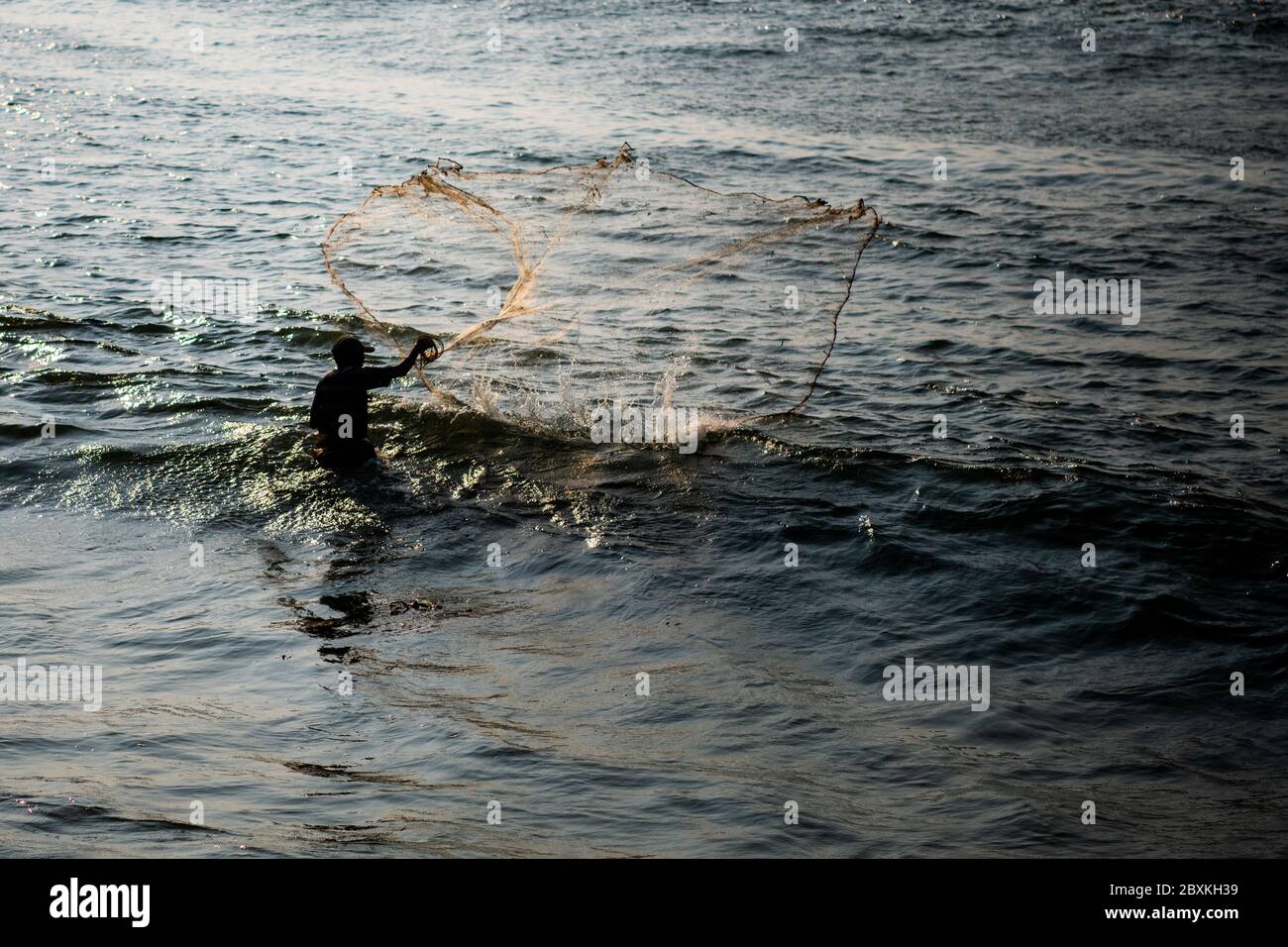 Man throwing cast net at the beach to catch fish Stock Photo Alamy
