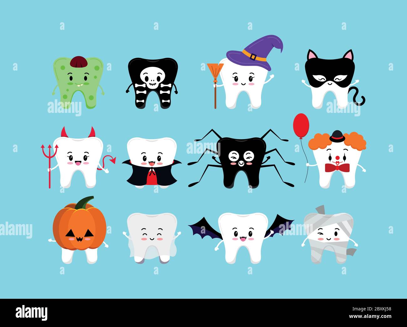 Teeth in Halloween carnival costume vector icon set. Stock Vector