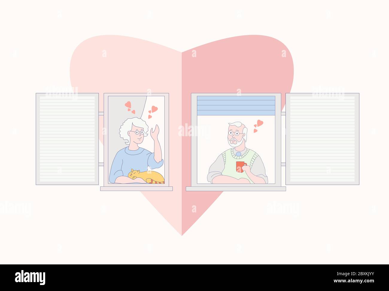 An elderly couple is looking for a home. The facade of the house with open windows. Love and romance quarantined by neighbors. An old man with a cup Stock Vector