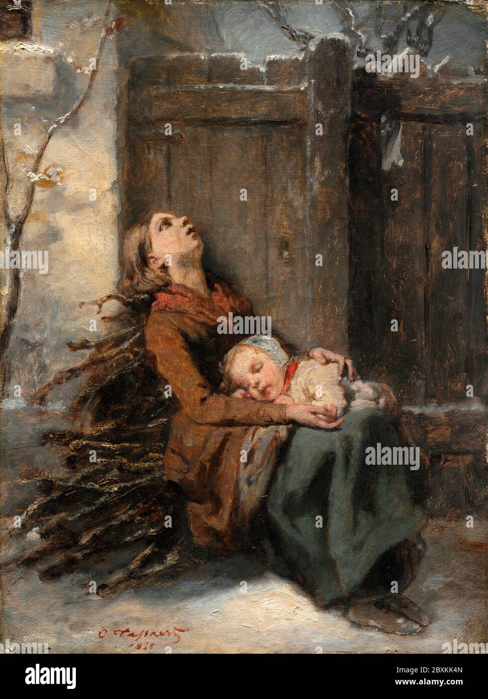 Destitute Dead Mother holding her sleeping Child in Winter by Octave Tassaert, circa 1850 Stock Photo