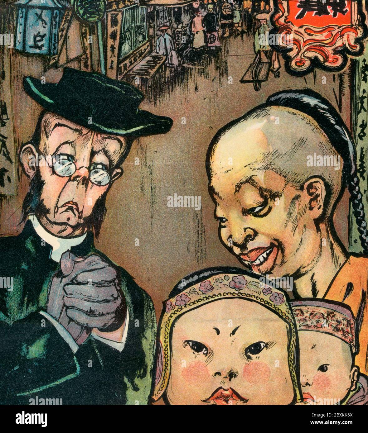 The ultimate cause - Illustration shows a Chinese woman with two children talking to an American missionary on a street with a market in the background. Caption: 'But why is it,' asked the thoughtful Chinese, 'that I may go to your heaven, while I may not go to your country?' The American missionary shrugged his shoulders. 'There is no Labor vote in heaven!' said he. Political Cartoon, December 1900 Stock Photo