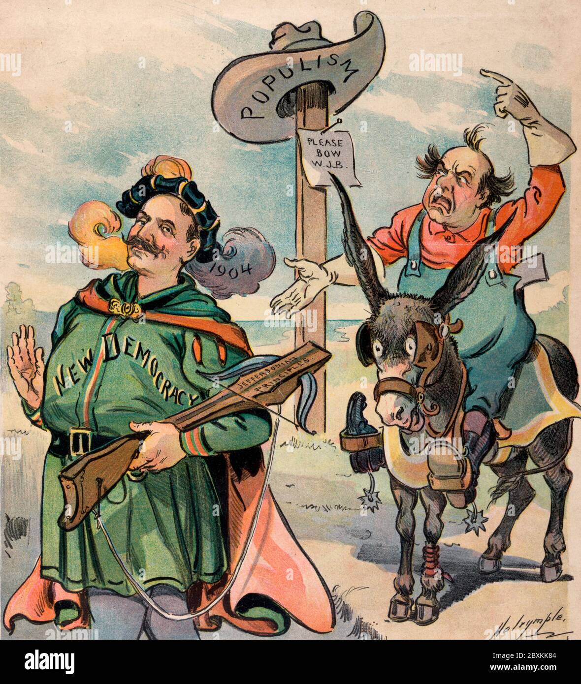 Never again!-  Illustration shows a man, possibly Alton B. Parker, labeled New Democracy and wearing a hat with plume labeled 1904 and holding a crossbow labeled Jeffersonian Principles; William Jennings Bryan sits on the Democratic donkey, speaking and gesticulating wildly with his hands, his hat labeled Populism hangs on a post on which is a note that states Please Bow W.J.B. Political Cartoon, 1901 Stock Photo