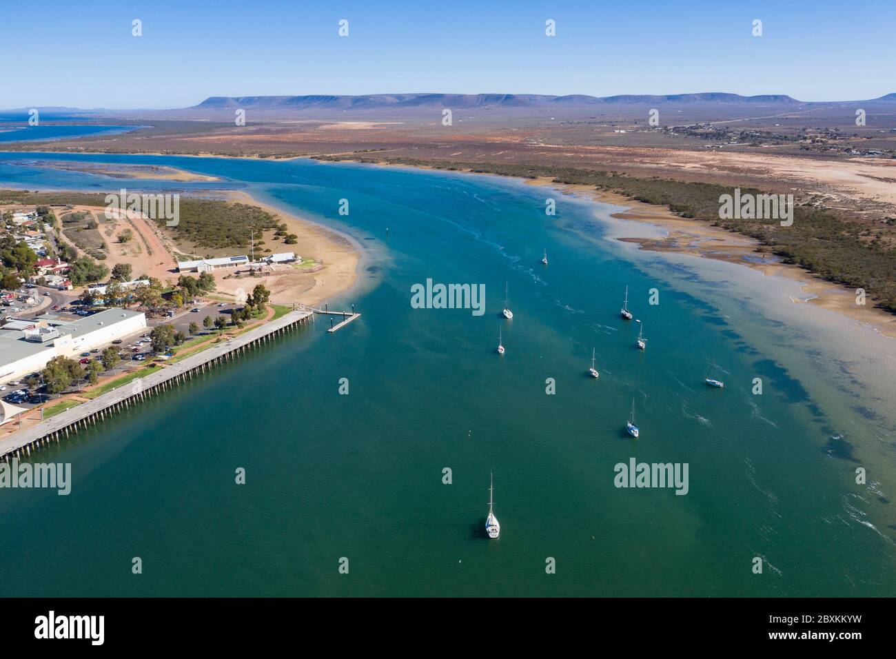Port Augusta South Australia September 13th 2019 : Aerial view of boats in the harbor at Port Augusta in South Australia Stock Photo