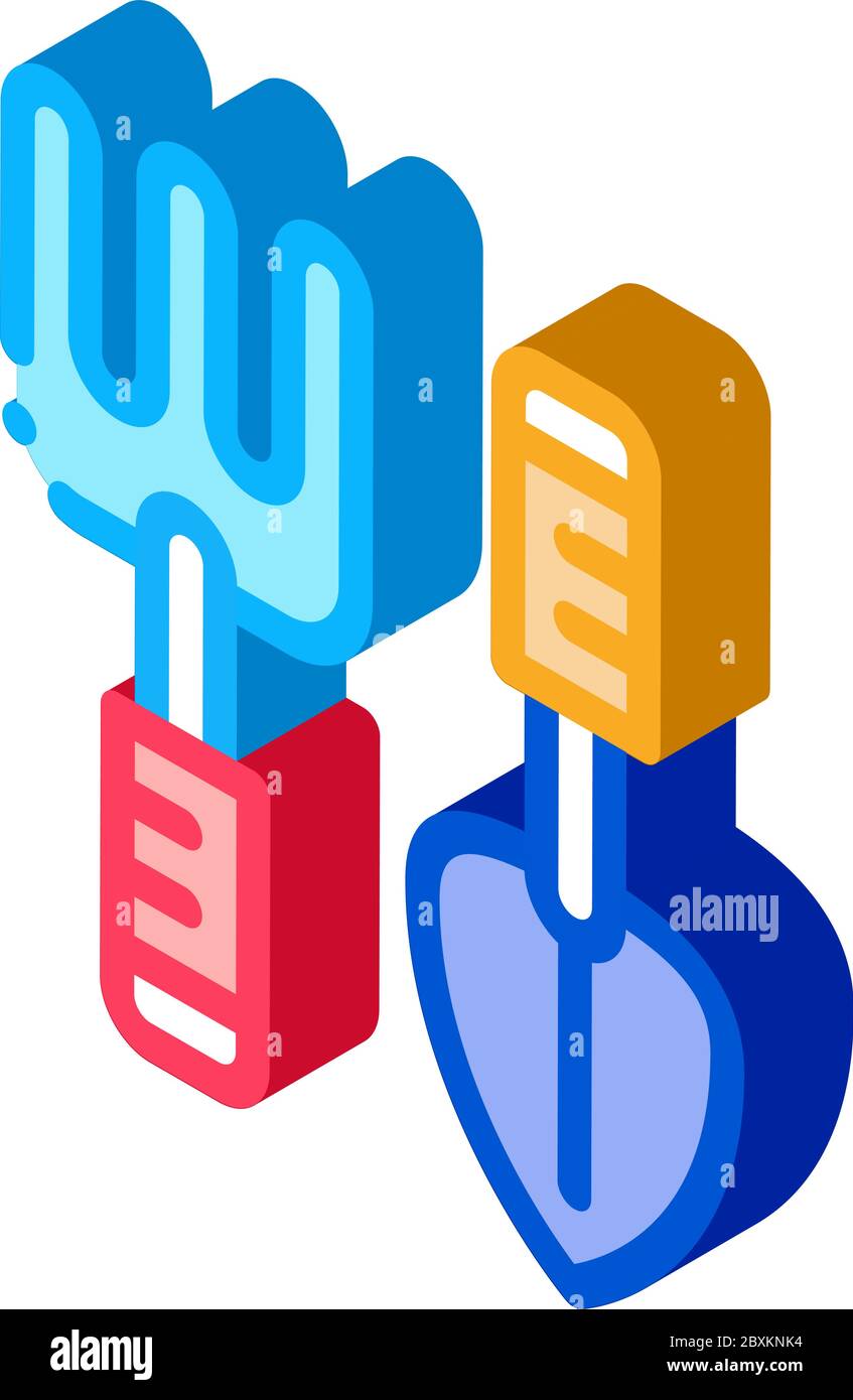 hand rake and shovel tools isometric icon vector illustration Stock Vector