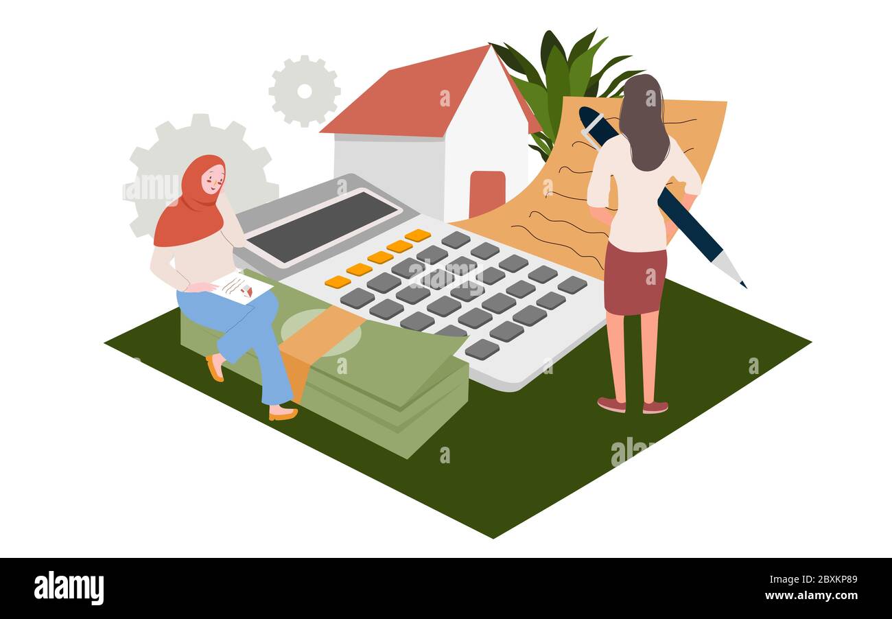 Two women calculate the financing of buying a house in installments modern flat cartoon design. Stock Vector