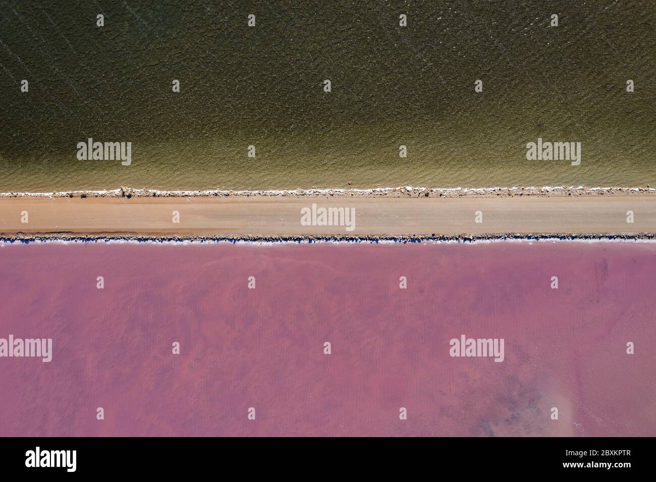Aerial view of Lake MacDonnell, a naturally occuring pink salt lake
