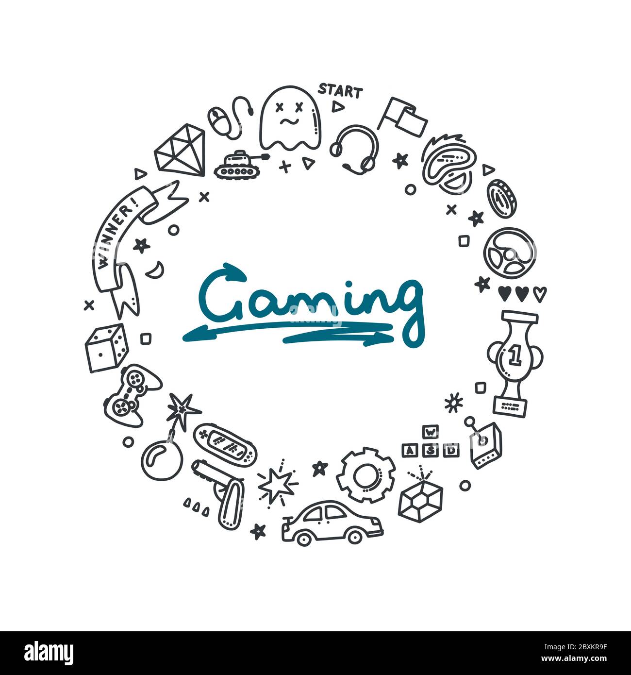 Gaming doodle set in rpound print. Virtual reality, computers, game genres and other related objects. Vector illustration Stock Vector