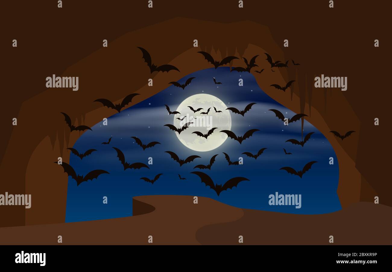 bats in the cave in full moon night Stock Vector