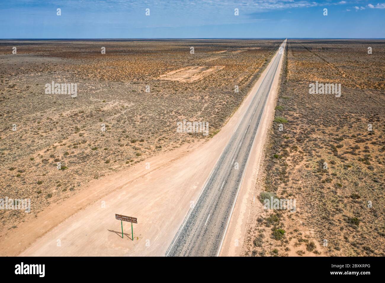 Aerial view of the Nullarbor Plain with the iconic sign denoting the eastern end of the treeless Plain Stock Photo