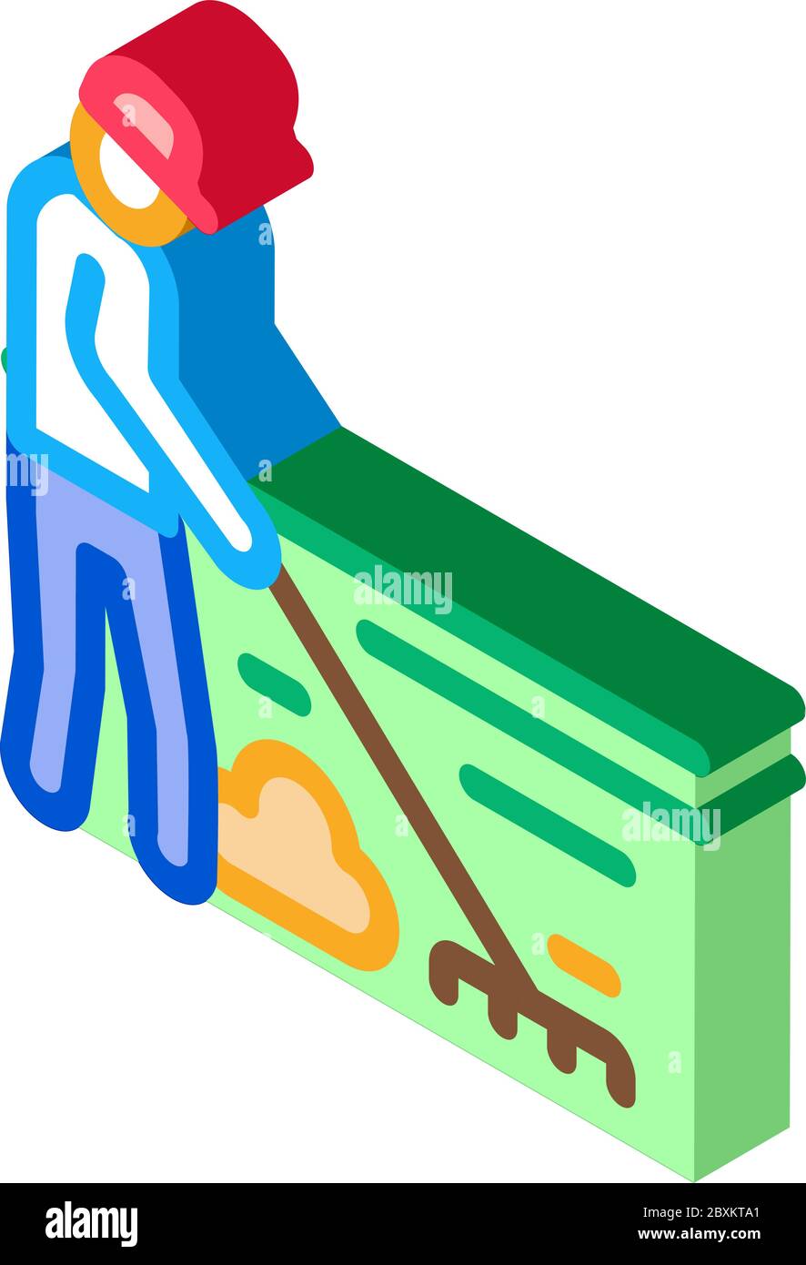 cleaning man with rake isometric icon vector illustration Stock Vector