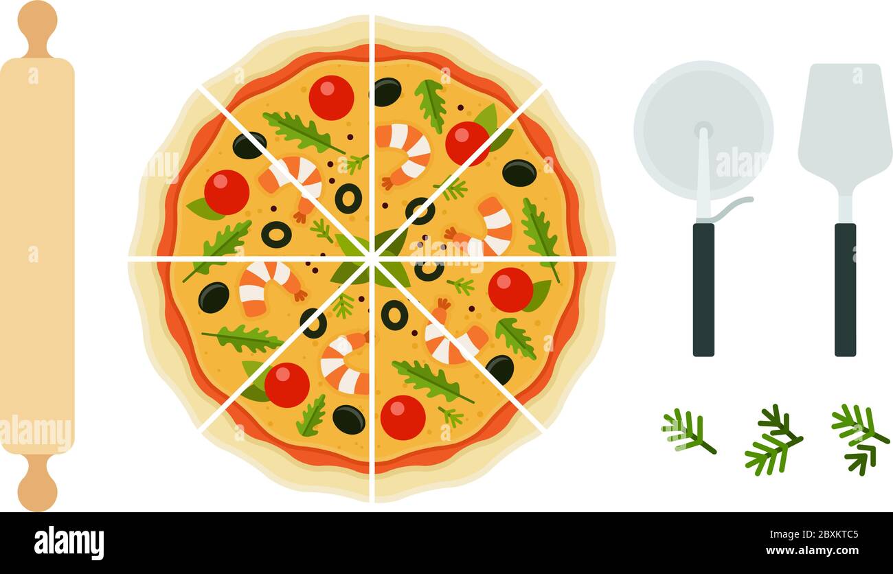 Seafood pizza with appliance vector flat isolated Stock Vector