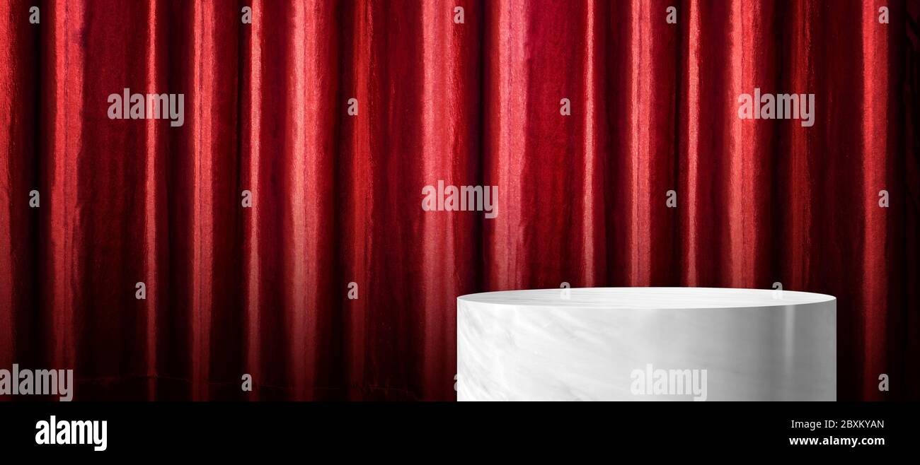 Product display glossy white marble cylinder stand with red curtain wall background.Banner mockup space for display of product design.3d rendering Stock Photo