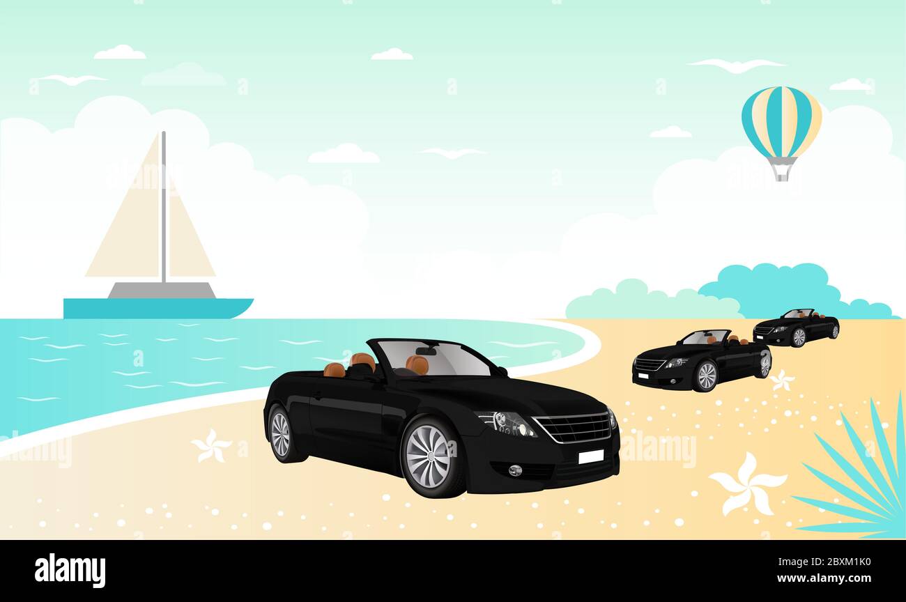 several cars are on beach with hot air balloon Stock Vector