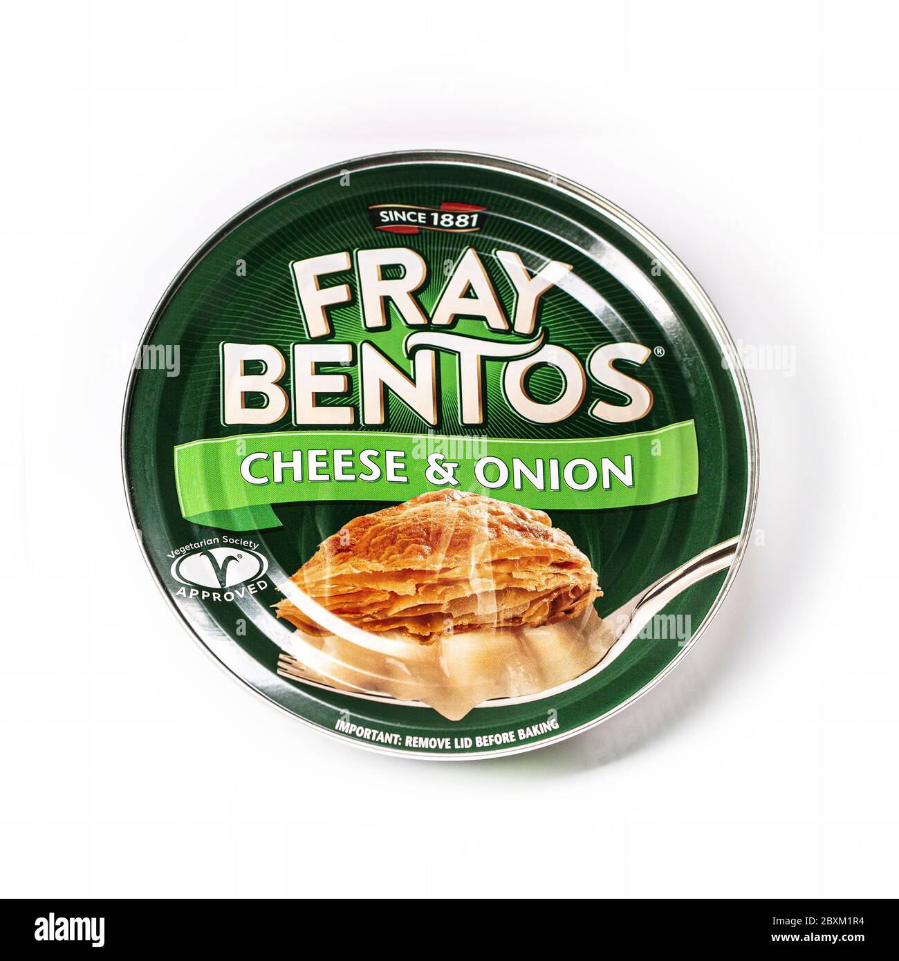 SWINDON, UK - June 7, 2020: Fray Bentos Cheese and Onion pie on a white background Stock Photo