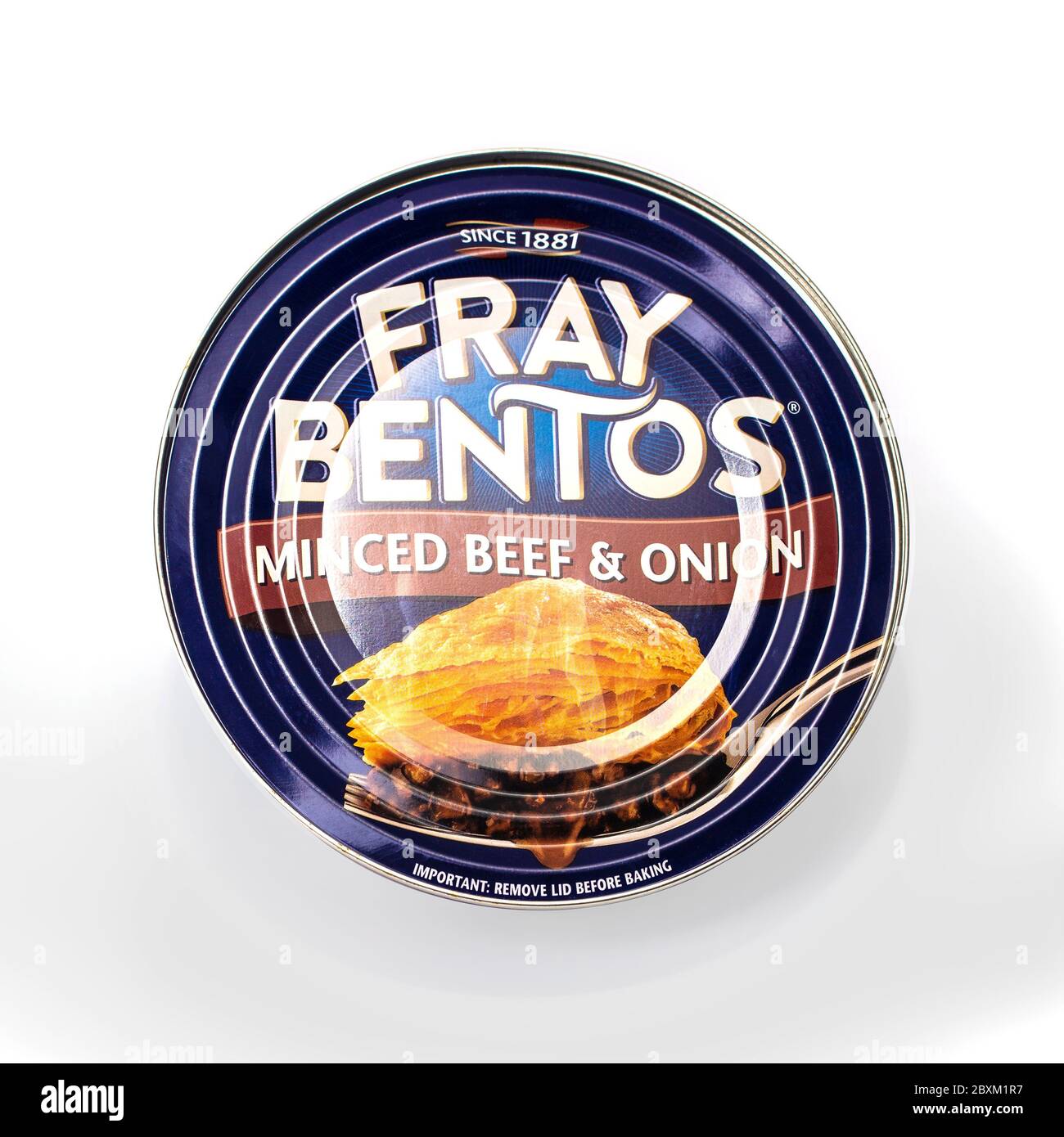 SWINDON, UK - JUNE 8, 2020: Fray Bentos Mince Beef and Onion Pie on a white background Stock Photo