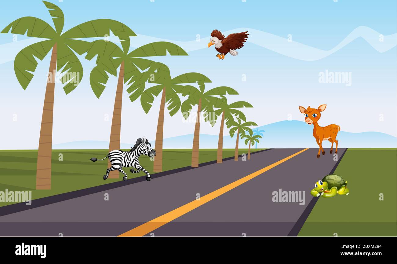 wild animals are playing on the road Stock Vector