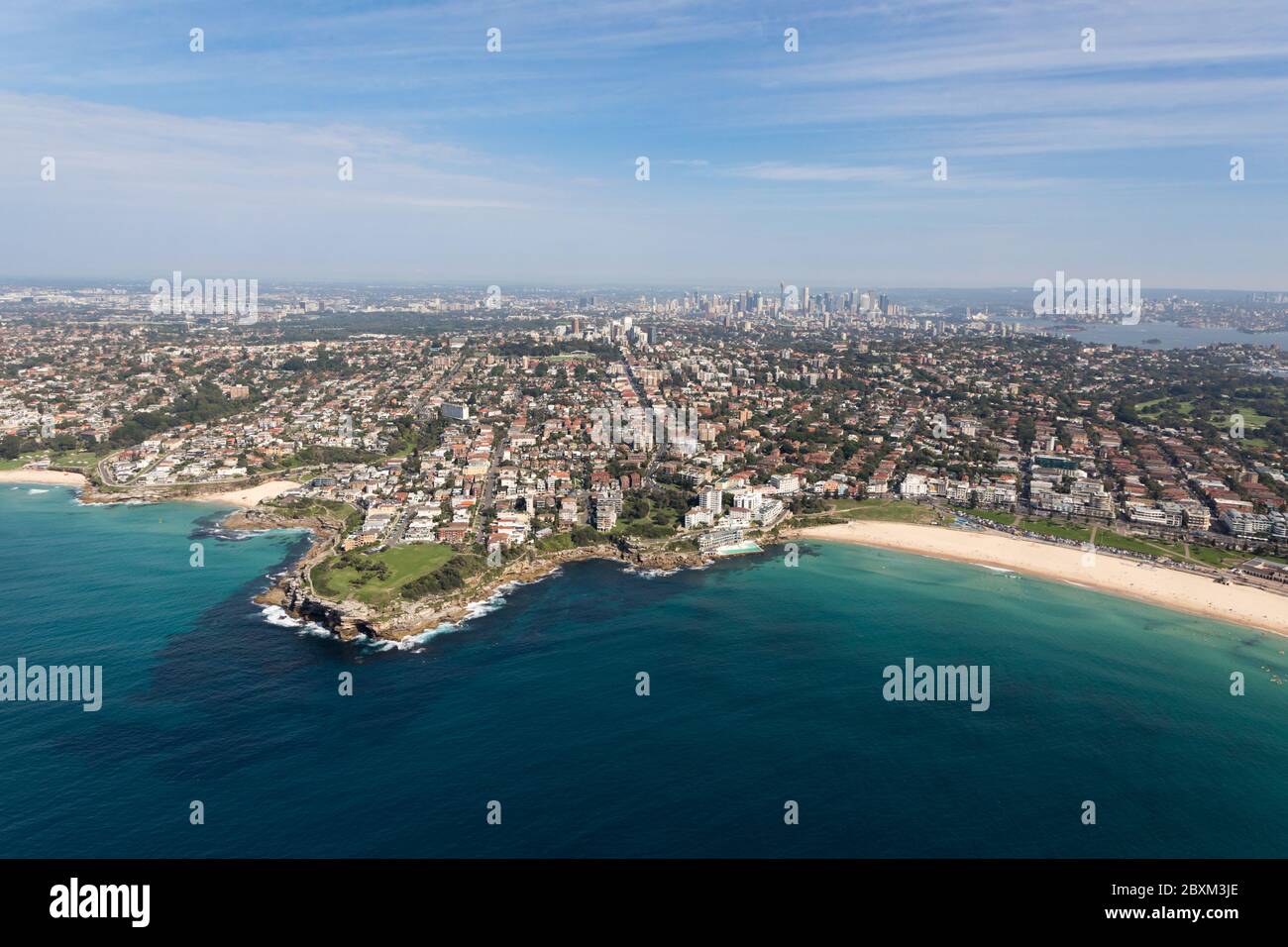 Aerial view of the famous Bondi Beach - one of the most famous beaches located a short drive from the CBD of Sydney Stock Photo